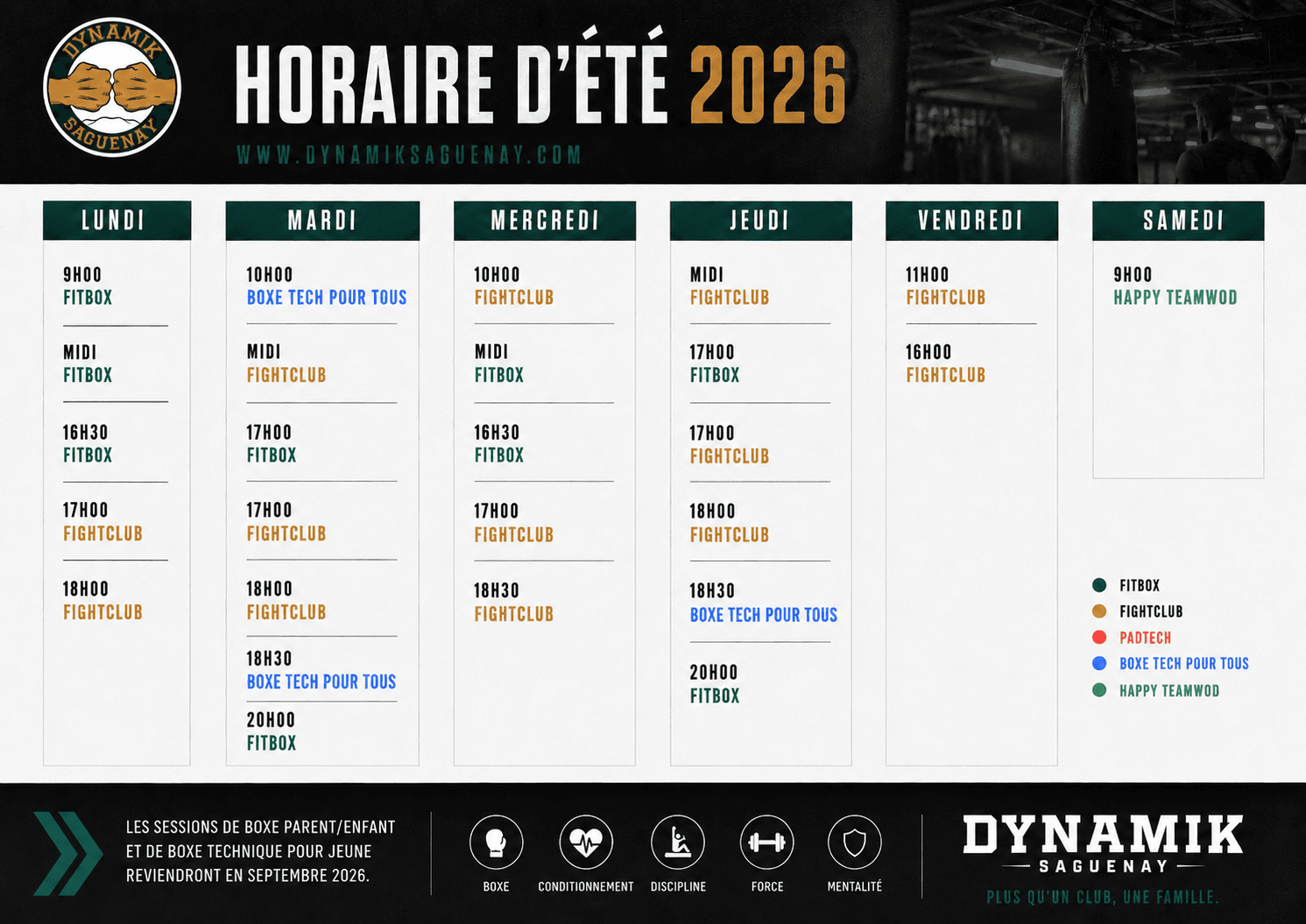 Horaire d'été 2026 - Dynamik Saguenay